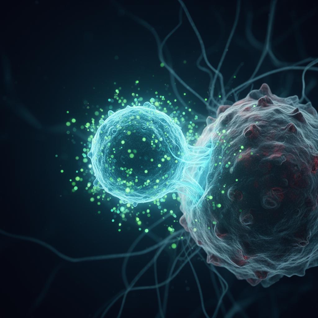 Abstract microscopy visualization of an NK immune cell engaging a tumor cell